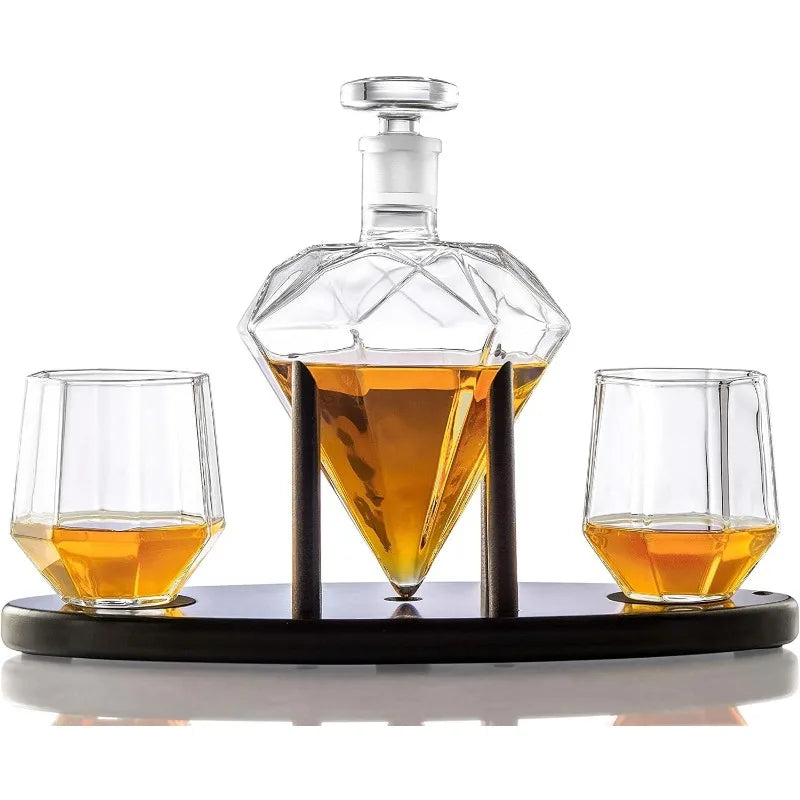 Whiskey Decanter Set *4Pcs - Diamond Shaped - 25 ozs - Mahogany Wood Base - Diningroom Collection