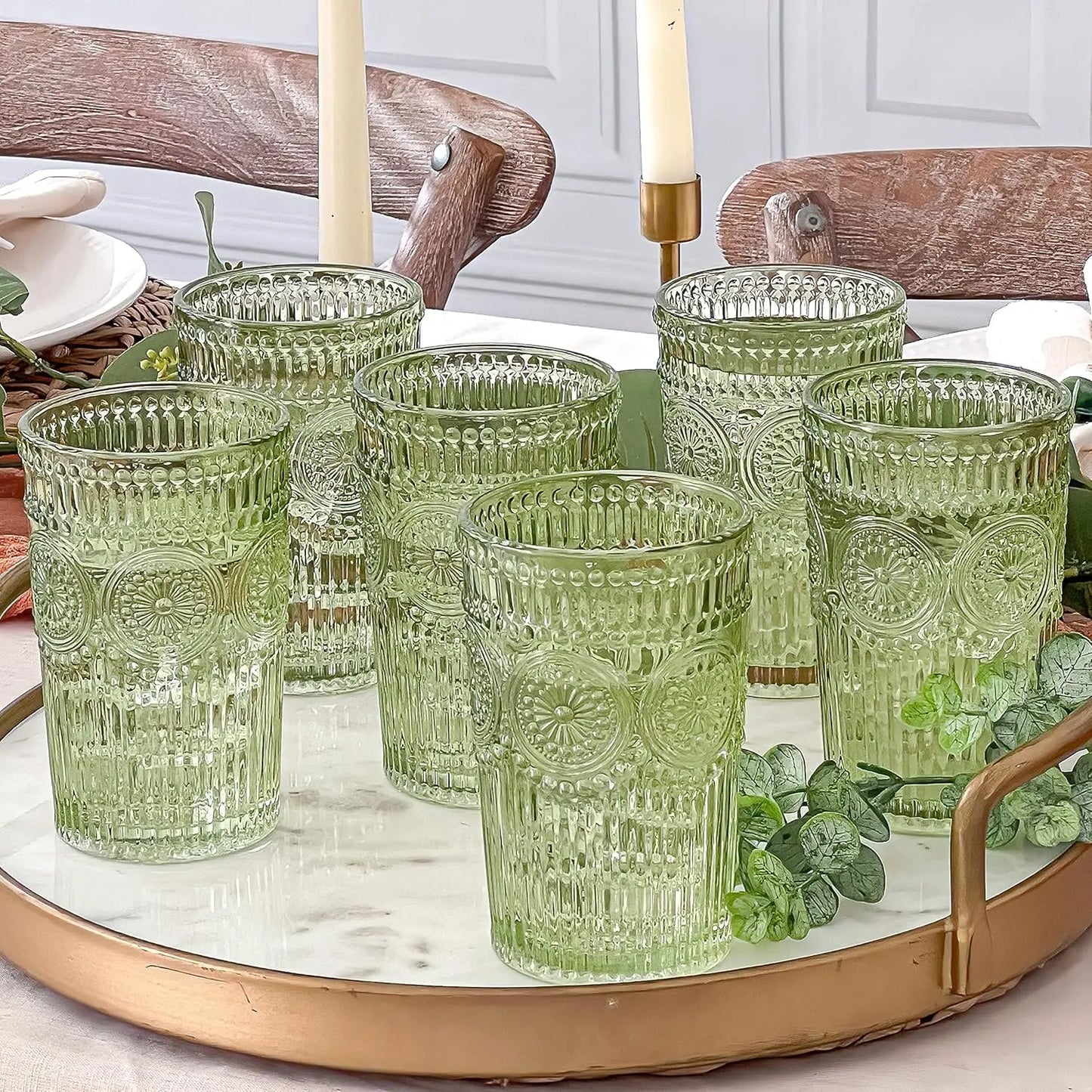 Glassware Set *6Pcs - 13 Ozs - Vintage Sage Green Ribbed Design - Kitchen Collection