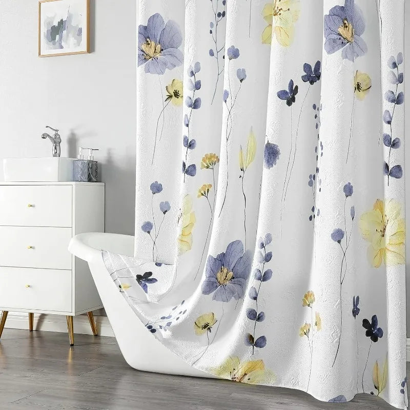 Watercolor Floral Shower Curtain, 3D Embossed Butterflies Blue Yellow Flower Bathroom Curtain