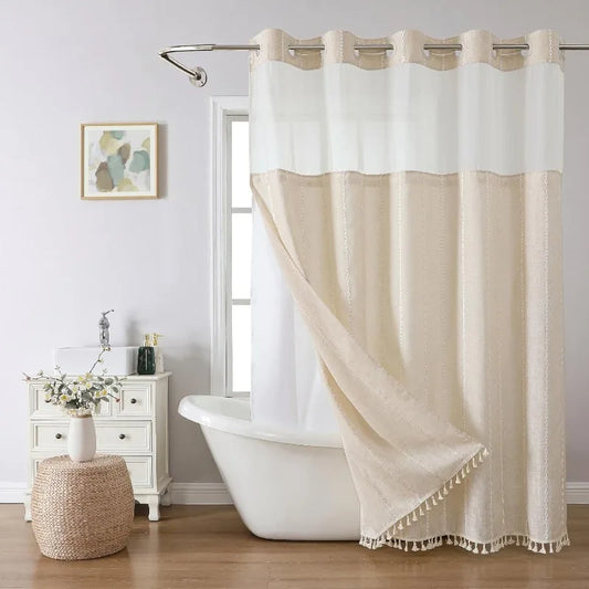 Shower Curtain - No Hooks - Snap In Liner - Boho Tassel - Bathroom Collection