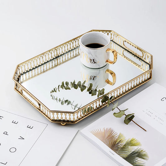 Tray - Mirrored Glass - Gold Metal Frame - Bathroom Collection