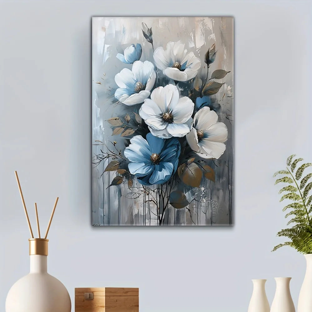 Wall Art - Oil on Canvas - Blue & White Floral - Gallery Framed - Bedroom Collection