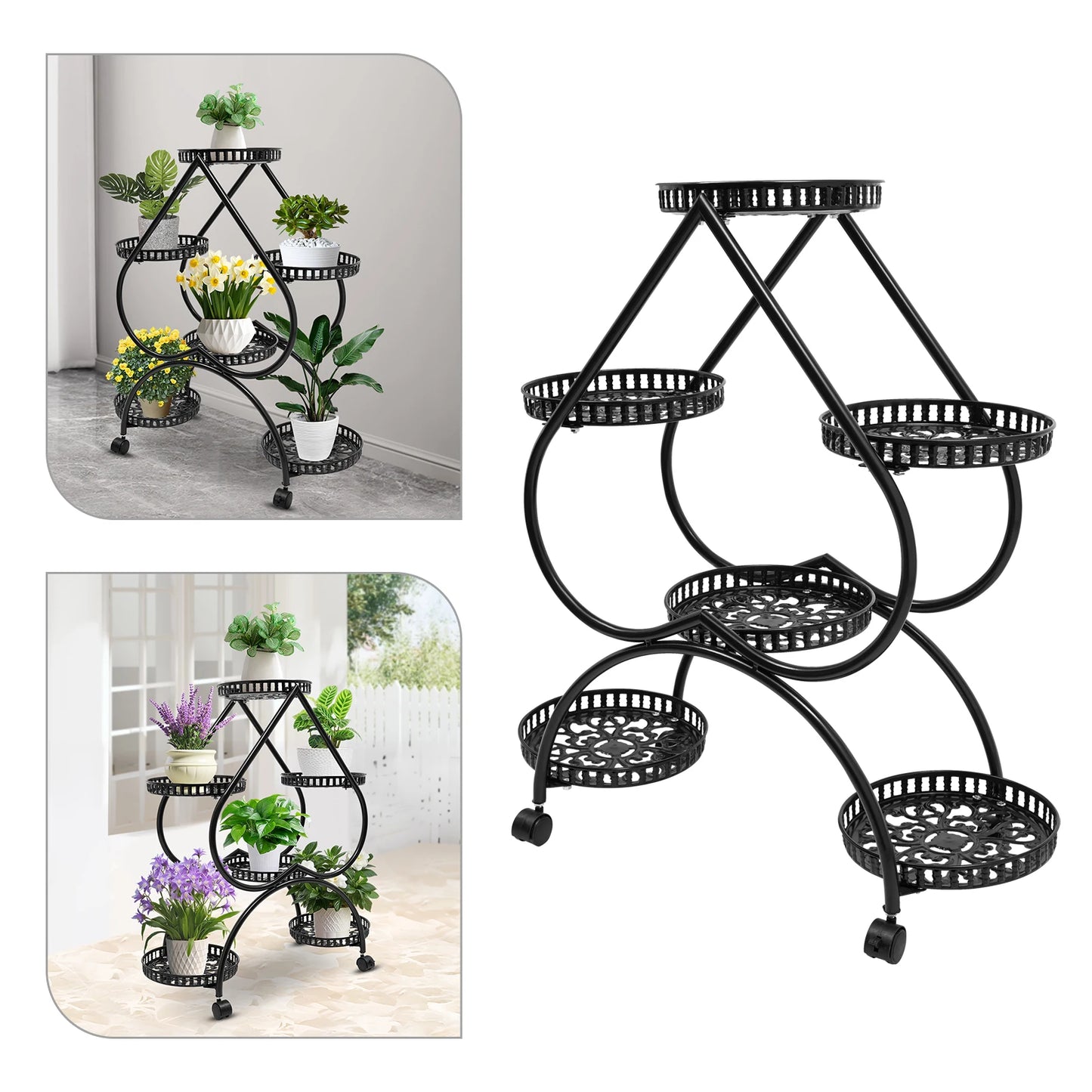Plant Stand - Black Metal - Six Trays - 4 Tiers - Indoor/Outdoor - Patio & Garden