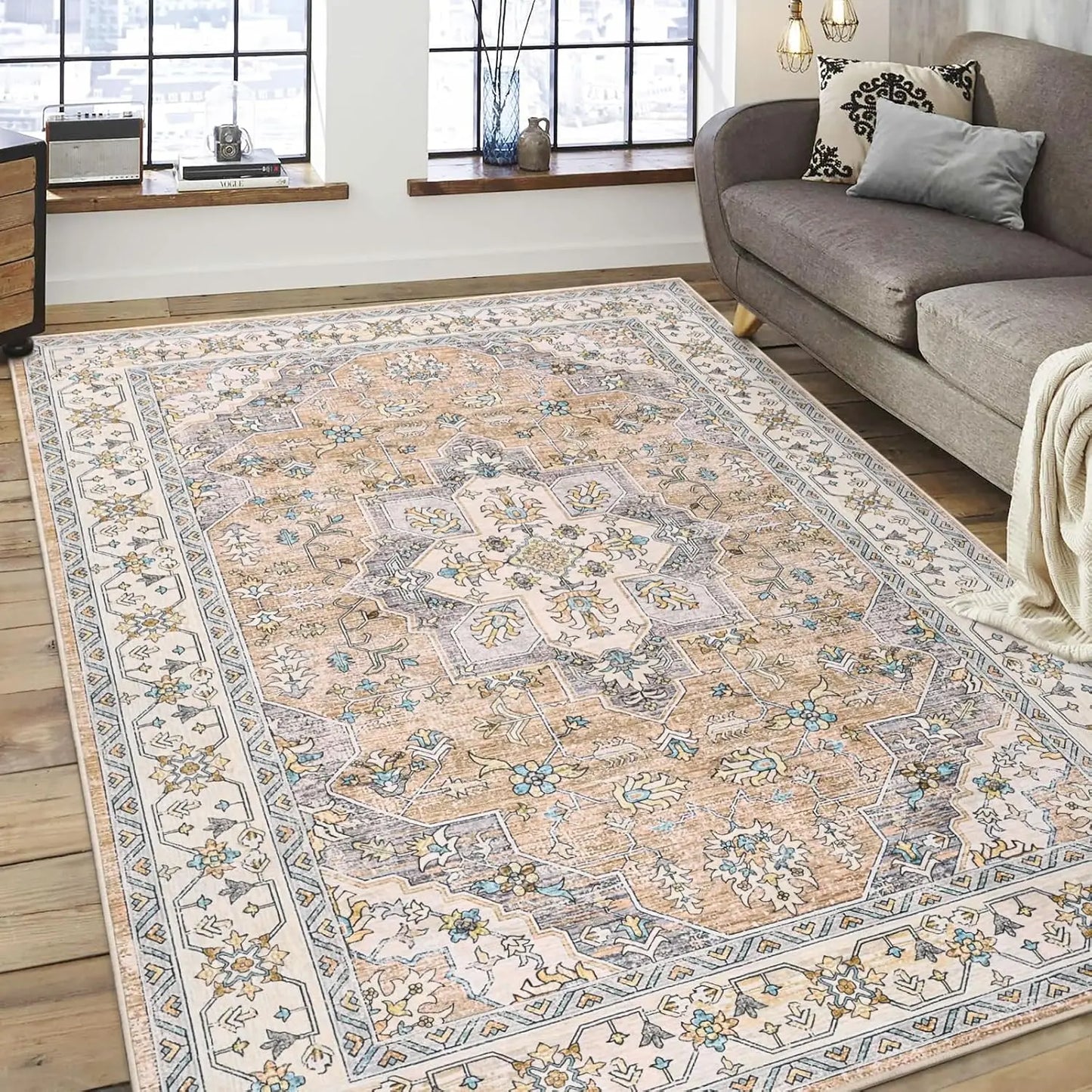Rugs - Vintage Area Rugs - 5x8' - Floral Medallion - Machine Wash - Bedroom Collection