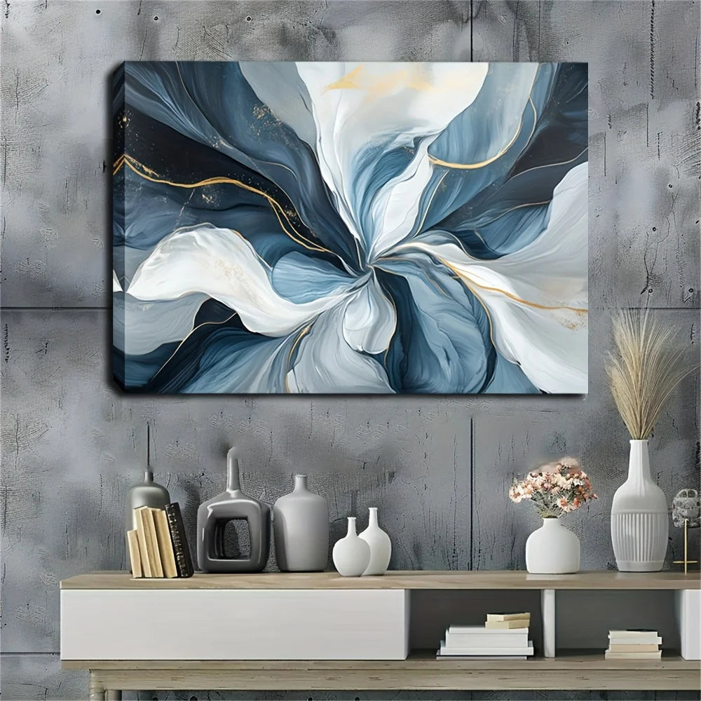 Wall Art - Abstract Waterolor - 24"x36" - Swirls of Blue, White & Gold - Bedroom Collection
