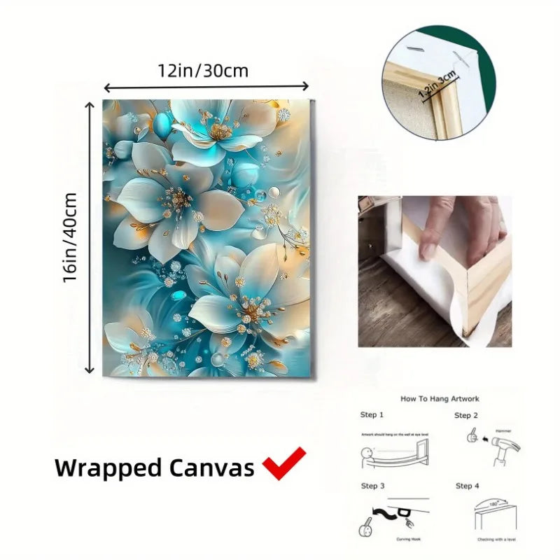 Wall Art - Canvas Oil Painting - 12"x16" - Serene Blue & White Florals - Gold Accents - Bathroom Collection