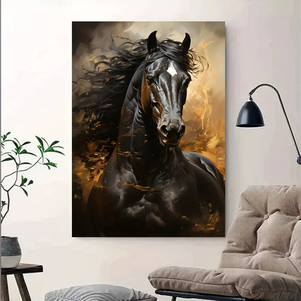 Wall Art HD Print - Running Black Horse - Canvas Print Poster - Frameless - Livingroom Collection