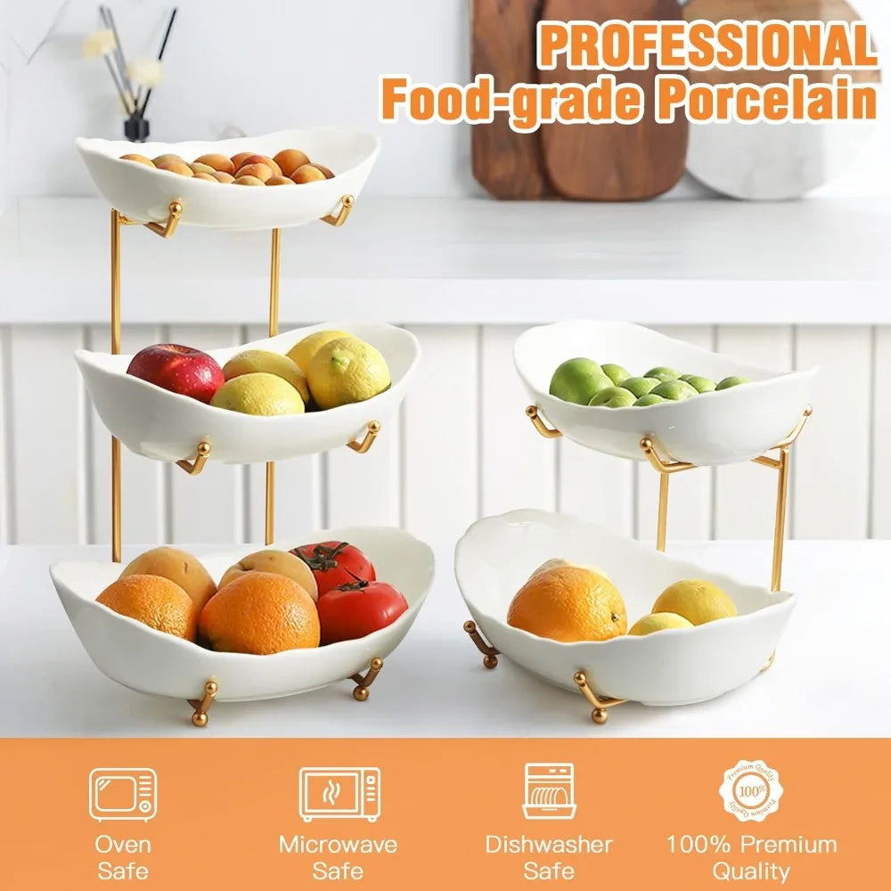 Fruit Tray Ceramic Bowls - 3 Tier Gold Stand - Kitchen Collection
