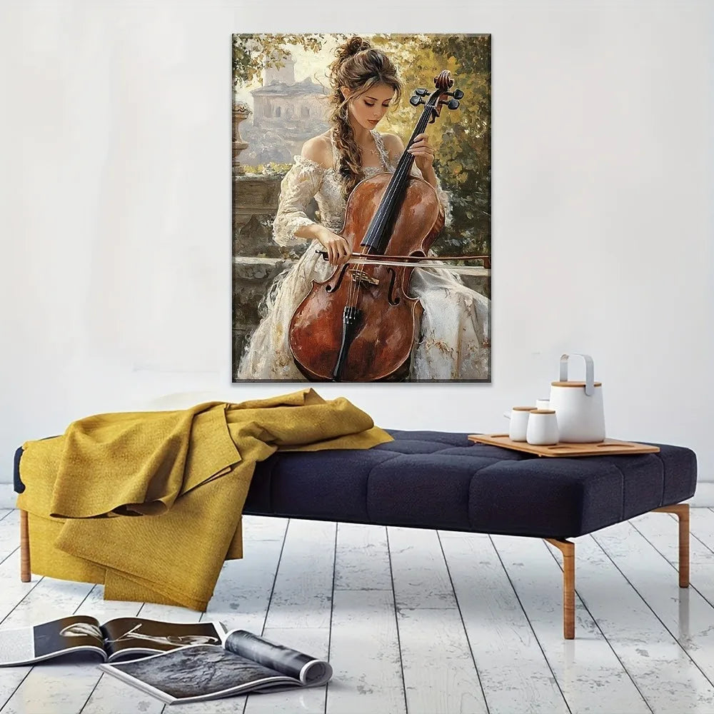 Wall Art Oil Painting - Canvas Framed - Elegant Cellist - Bedroom Collection