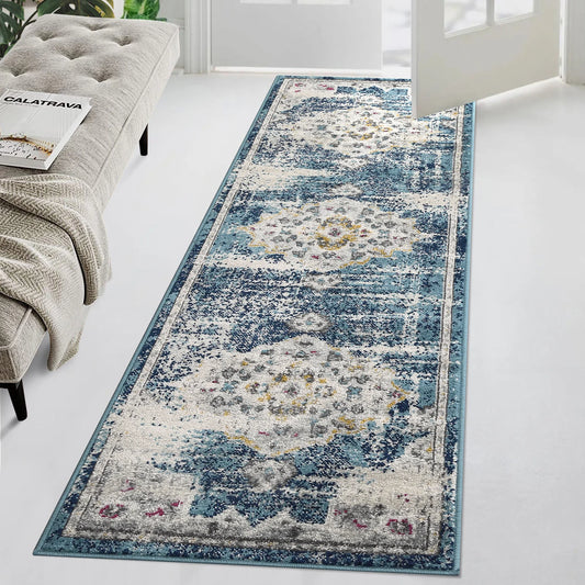 Rug Runner 2'x7' - Non-slip - Retro Blue Distressed - Kitchen Collection