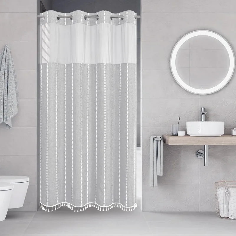 Shower Curtain - No Hooks - Snap In Liner - Boho Tassel - Bathroom Collection