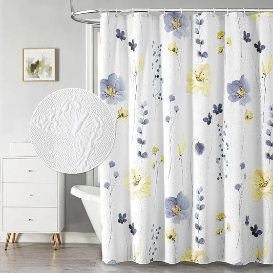 Watercolor Floral Shower Curtain, 3D Embossed Butterflies Blue Yellow Flower Bathroom Curtain