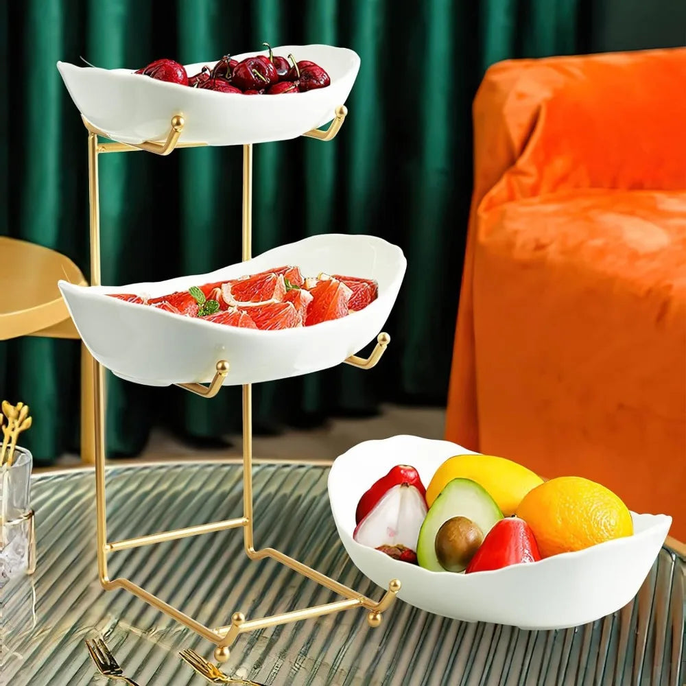 Fruit Tray Ceramic Bowls - 3 Tier Gold Stand - Kitchen Collection