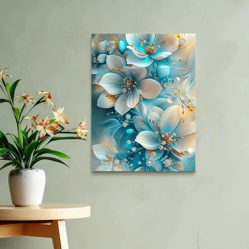 Wall Art - Canvas Oil Painting - 12"x16" - Serene Blue & White Florals - Gold Accents - Bathroom Collection