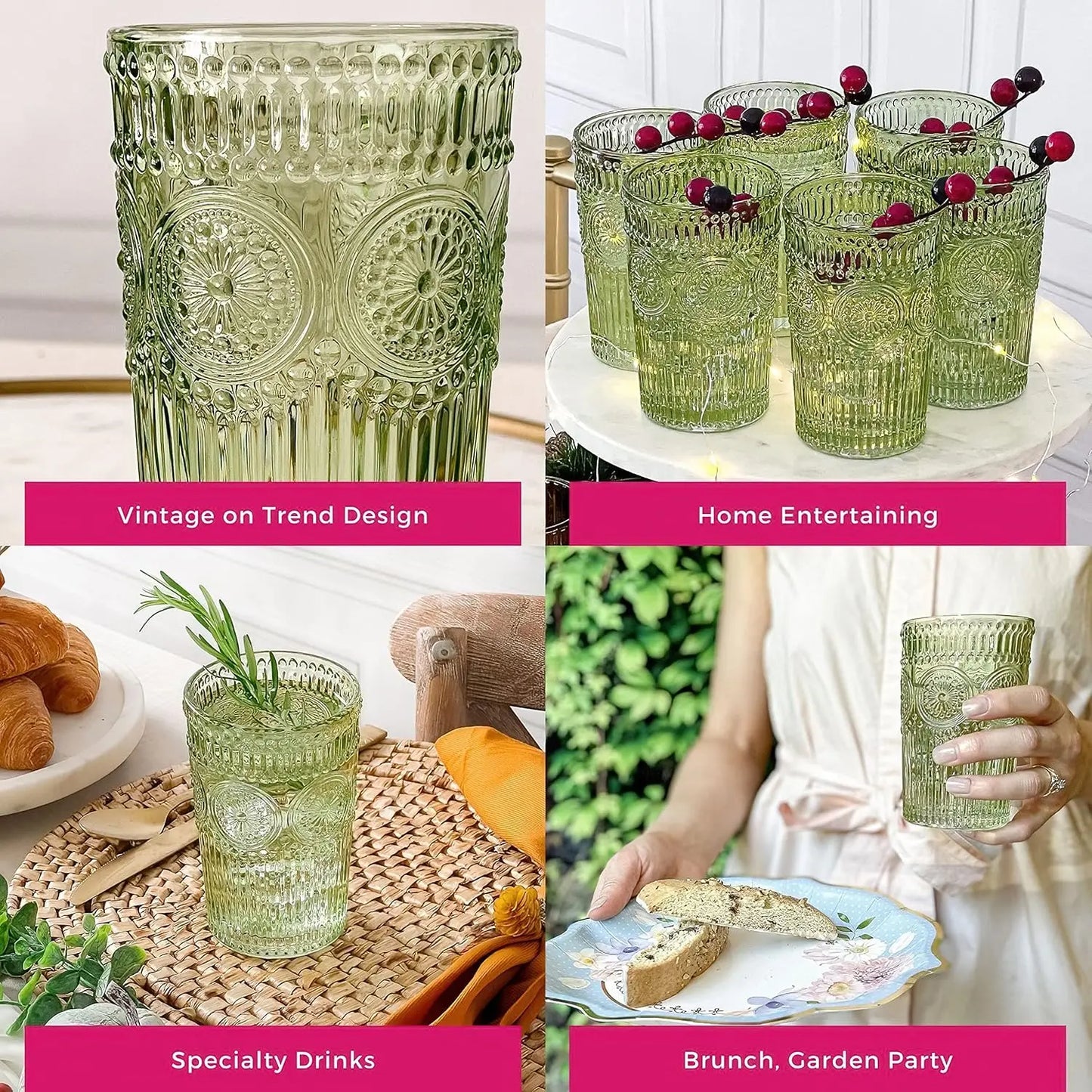 Glassware Set *6Pcs - 13 Ozs - Vintage Sage Green Ribbed Design - Kitchen Collection