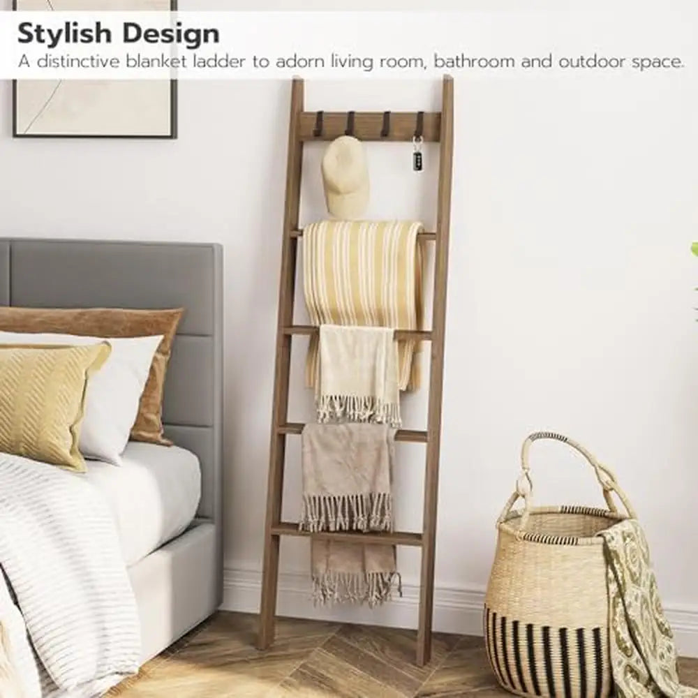 Decorative Ladder - Towel/Blanket/Throw Display - 5 Tier - 4 Hooks - Bedroom Collection