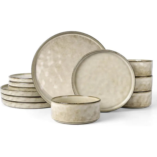 Dinnerware Set 12 Pcs ~  Stoneware -  Wave Surface - Kitchen Collection