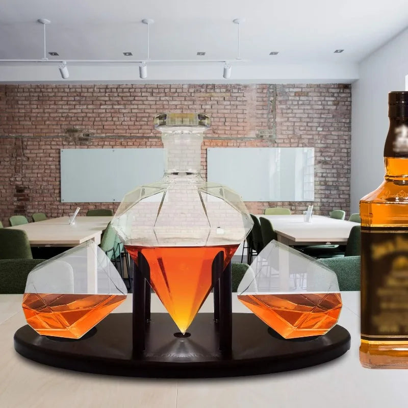 Whiskey Decanter Set *4Pcs - Diamond Shaped - 25 ozs - Mahogany Wood Base - Diningroom Collection