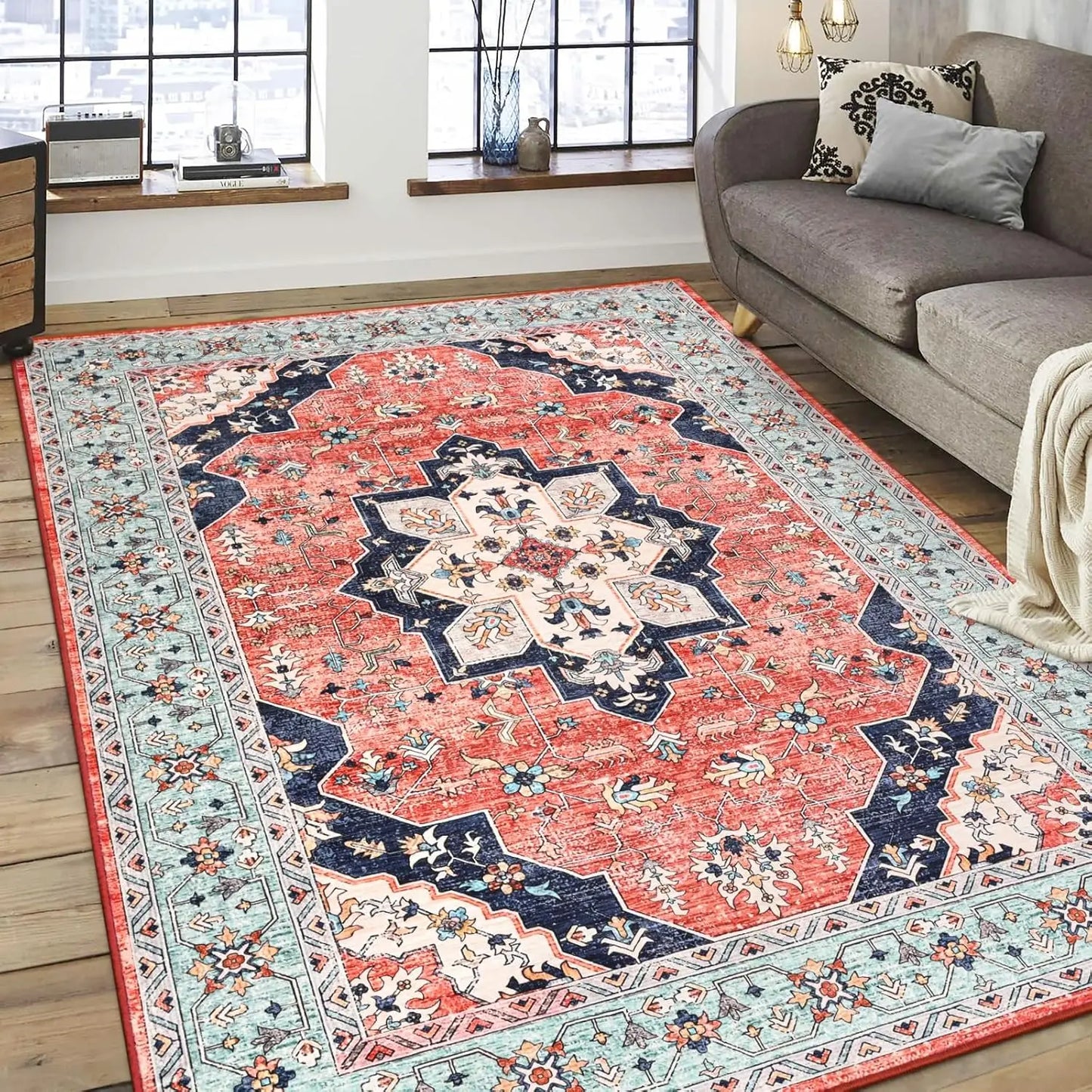 Rugs - Vintage Area Rugs - 5x8' - Floral Medallion - Machine Wash - Bedroom Collection