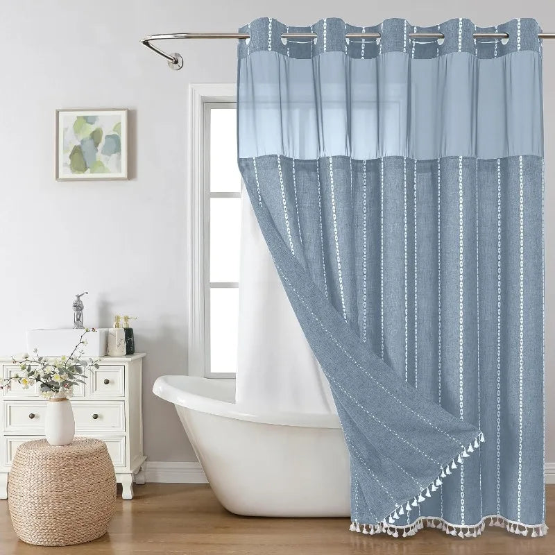 Shower Curtain - No Hooks - Snap In Liner - Boho Tassel - Bathroom Collection