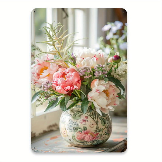 Wall Art Tin 8x12" - Elegant Retro Rose Vase - Indoor/Outdoor