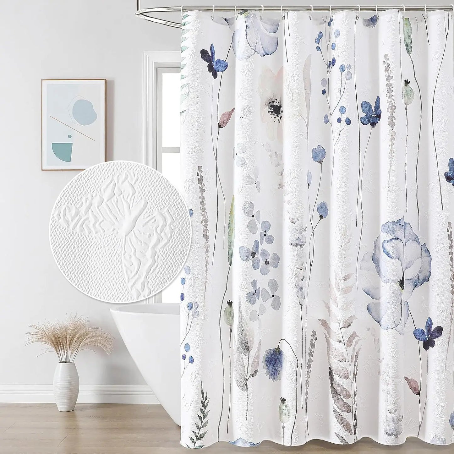Watercolor Floral Shower Curtain, 3D Embossed Butterflies Blue Yellow Flower Bathroom Curtain