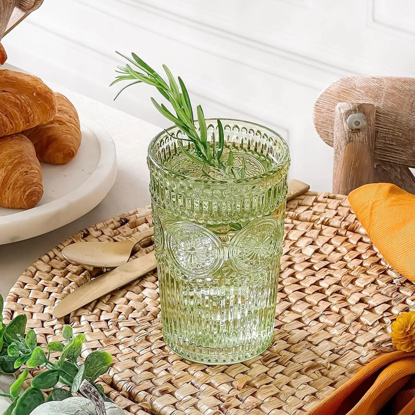 Glassware Set *6Pcs - 13 Ozs - Vintage Sage Green Ribbed Design - Kitchen Collection