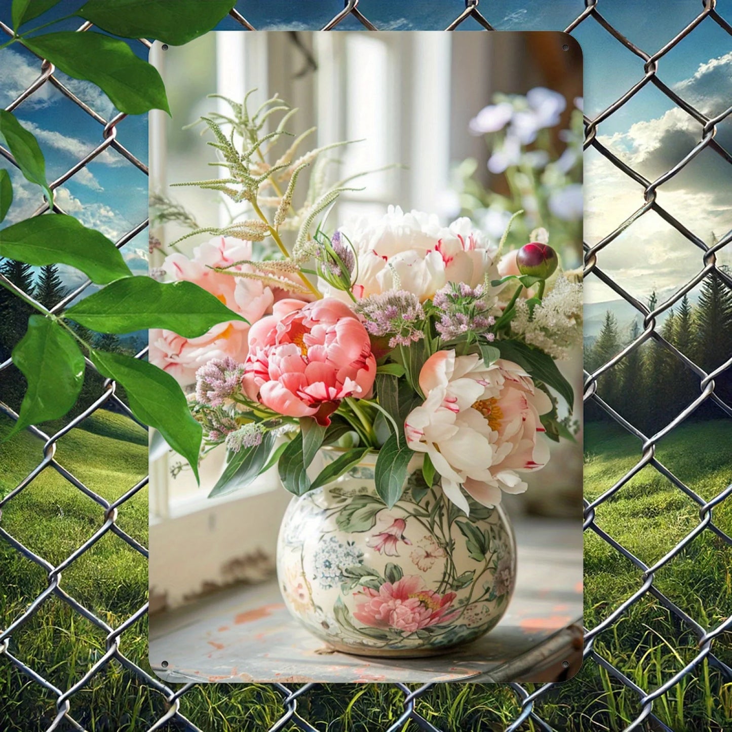 Wall Art Tin 8x12" - Elegant Retro Rose Vase - Indoor/Outdoor