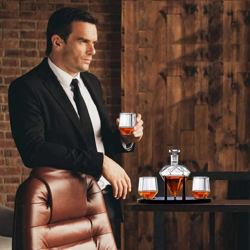 Whiskey Decanter Set *4Pcs - Diamond Shaped - 25 ozs - Mahogany Wood Base - Diningroom Collection