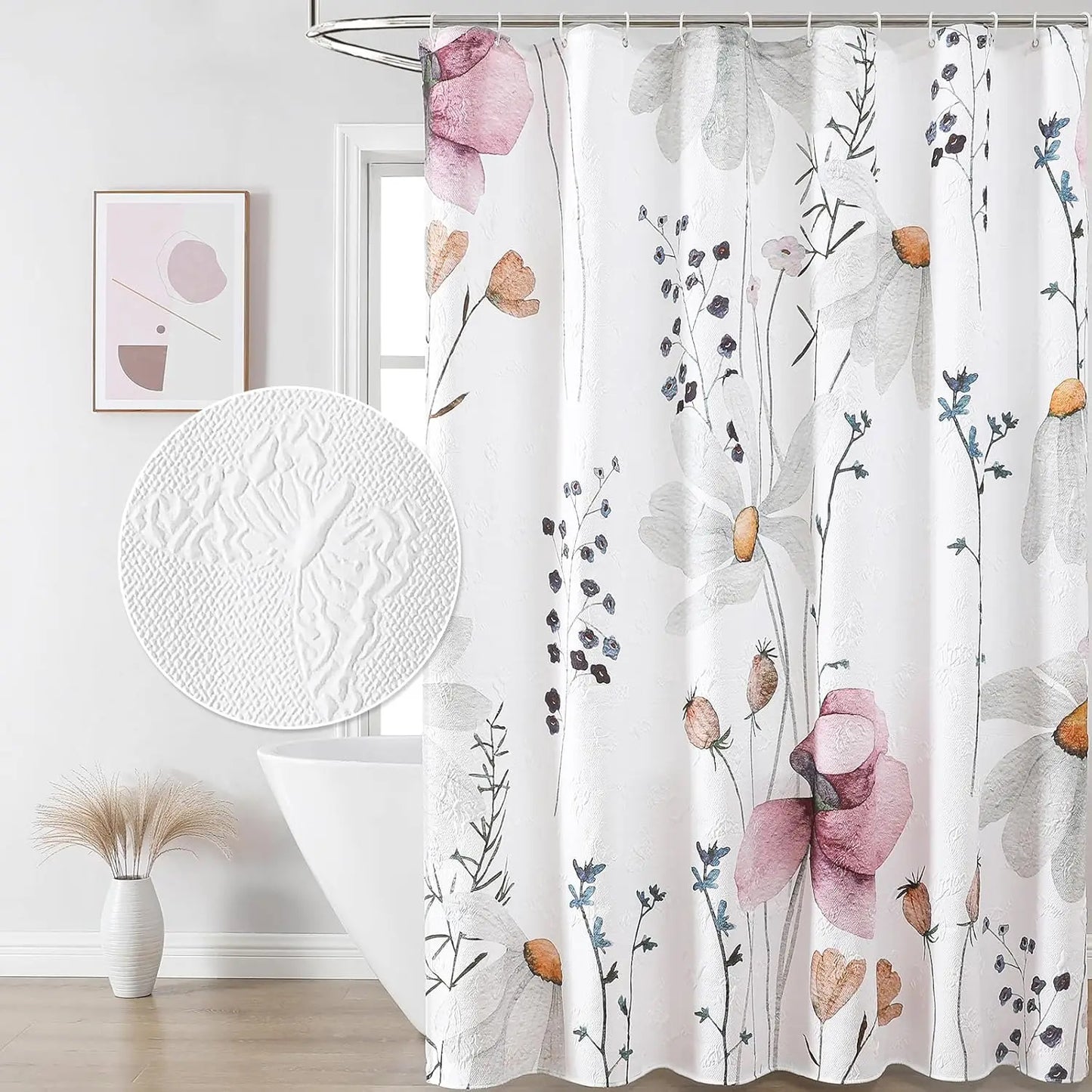 Watercolor Floral Shower Curtain, 3D Embossed Butterflies Blue Yellow Flower Bathroom Curtain