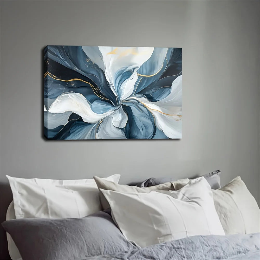 Wall Art - Abstract Waterolor - 24"x36" - Swirls of Blue, White & Gold - Bedroom Collection