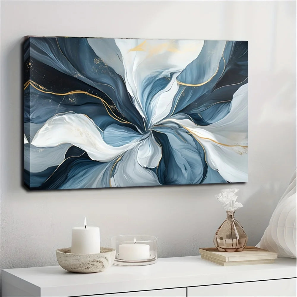 Wall Art - Abstract Waterolor - 24"x36" - Swirls of Blue, White & Gold - Bedroom Collection