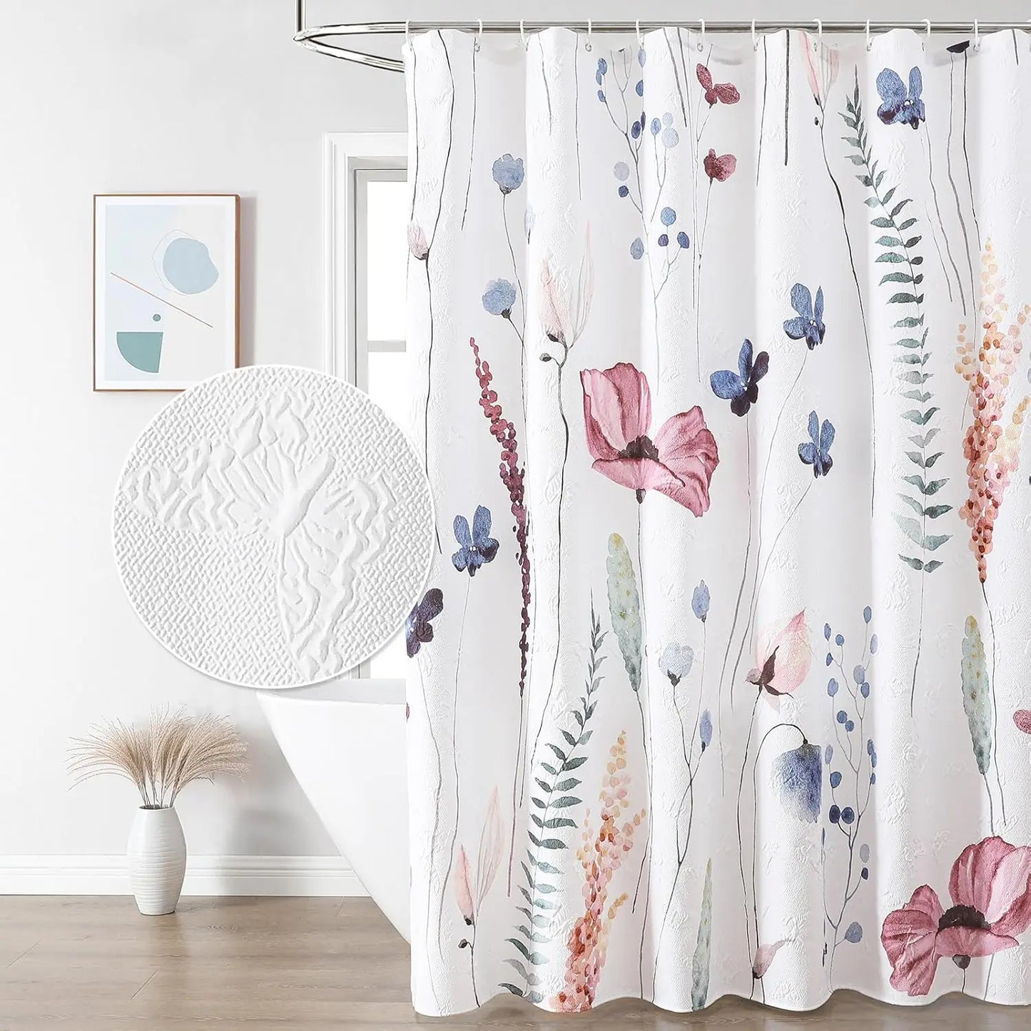 Watercolor Floral Shower Curtain, 3D Embossed Butterflies Blue Yellow Flower Bathroom Curtain
