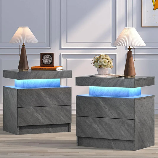 Nightstand Set *2Pcs - End Tables - LED Lights - 2 Drawers