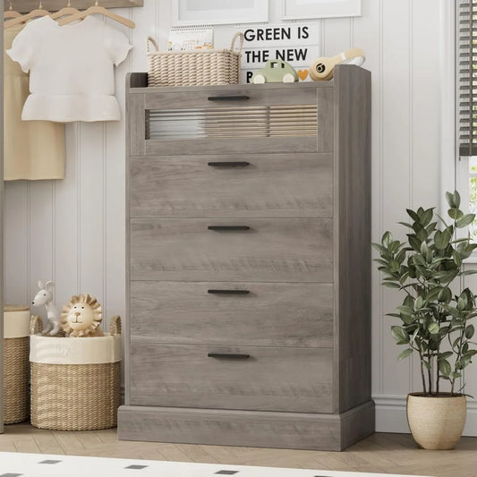 Dresser *5 Drawers - Fluted Glass - Anti-Tip Kit - Bedroom Collection