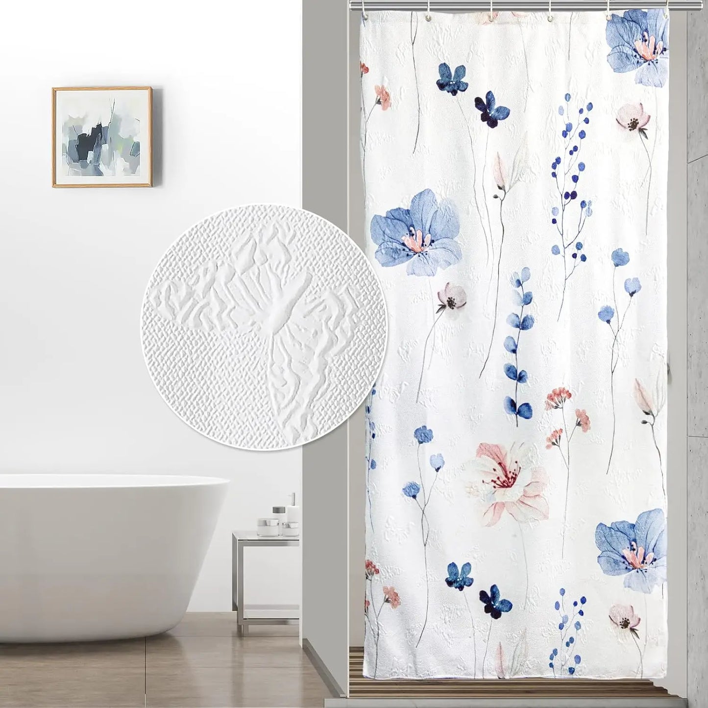 Watercolor Floral Shower Curtain, 3D Embossed Butterflies Blue Yellow Flower Bathroom Curtain