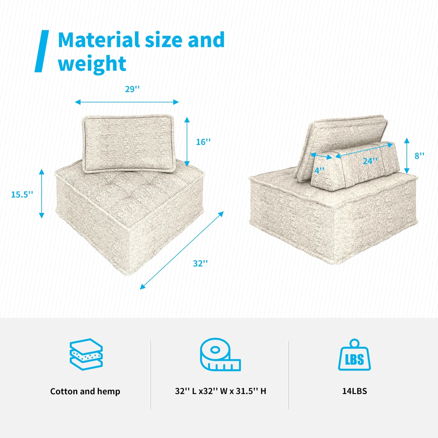 Armless Sofa Chair - Modular Sectional Sofa - Small Footprint