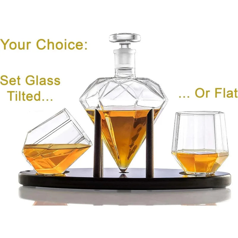 Whiskey Decanter Set *4Pcs - Diamond Shaped - 25 ozs - Mahogany Wood Base - Diningroom Collection