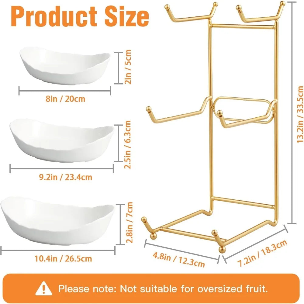 Fruit Tray Ceramic Bowls - 3 Tier Gold Stand - Kitchen Collection