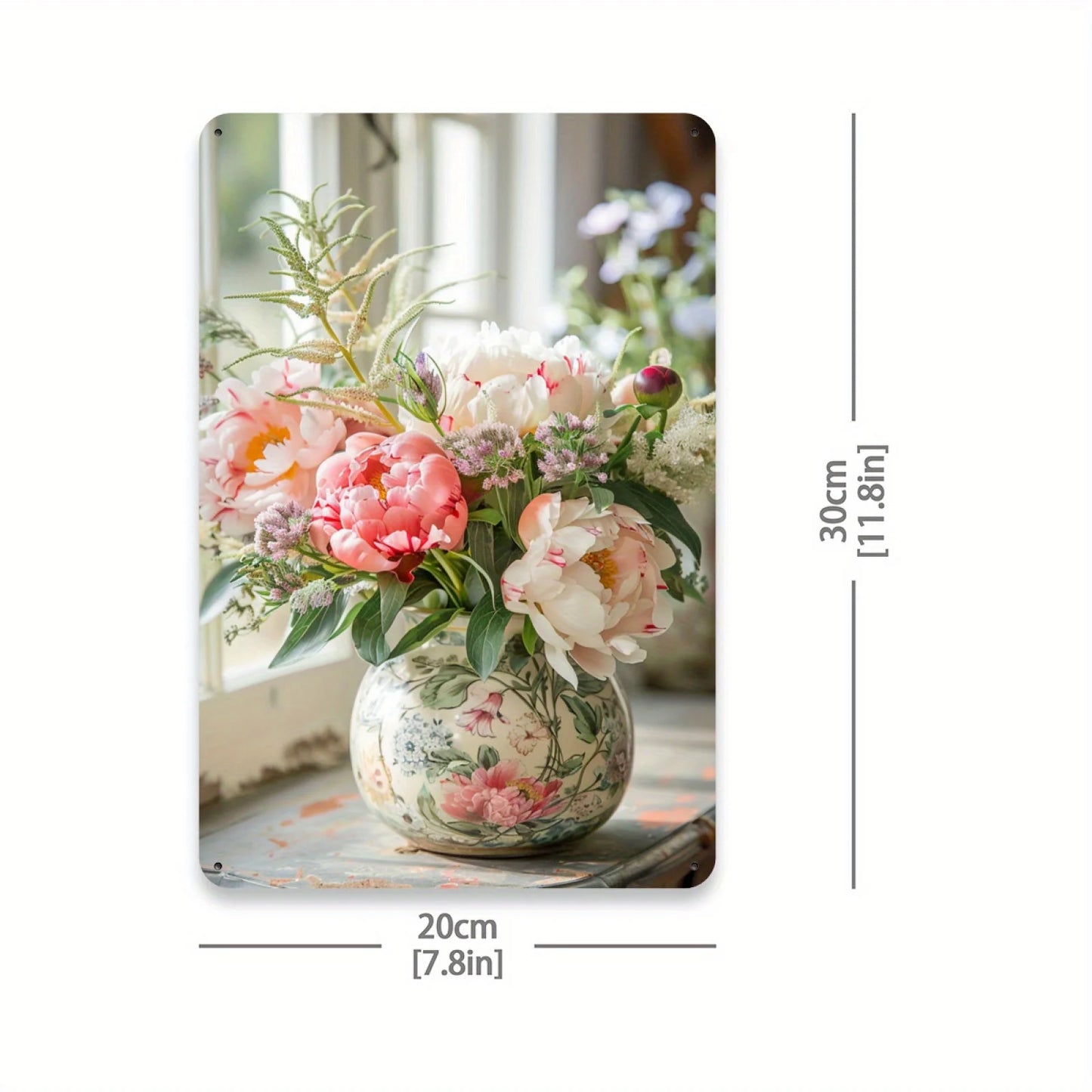Wall Art Tin 8x12" - Elegant Retro Rose Vase - Indoor/Outdoor
