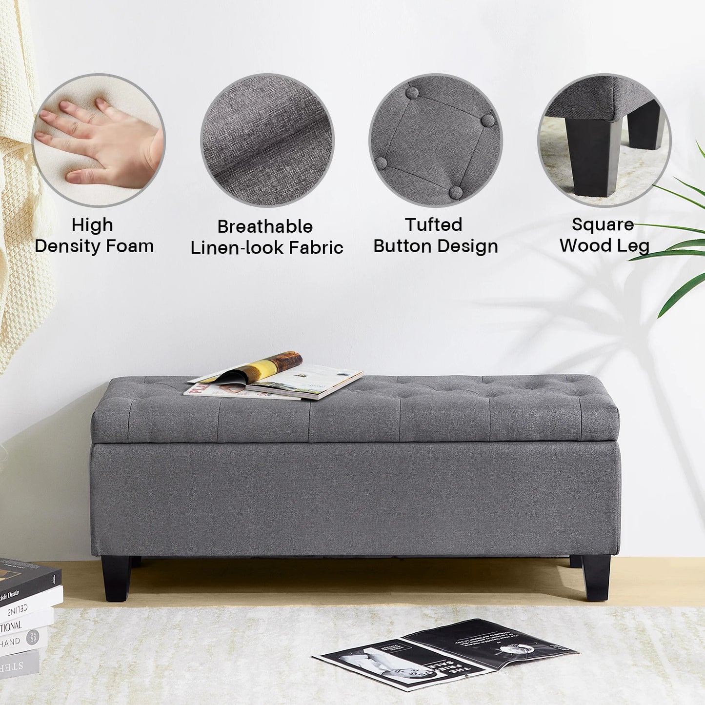 Redlife Ottoman Storage Bench 42" - Footrest - Entryway Collection - Gray & Beige