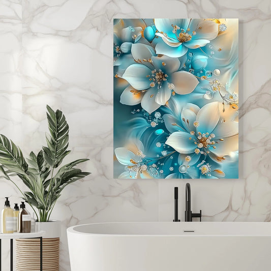 Wall Art - Canvas Oil Painting - 12"x16" - Serene Blue & White Florals - Gold Accents - Bathroom Collection