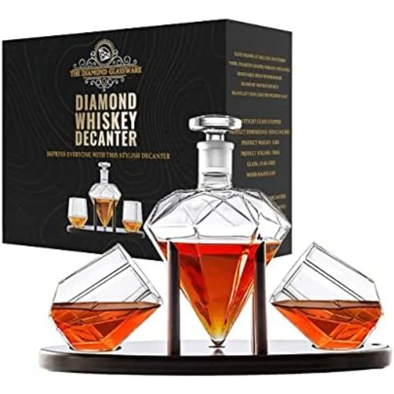Whiskey Decanter Set *4Pcs - Diamond Shaped - 25 ozs - Mahogany Wood Base - Diningroom Collection