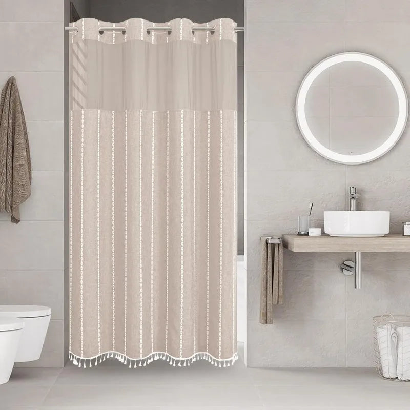 Shower Curtain - No Hooks - Snap In Liner - Boho Tassel - Bathroom Collection