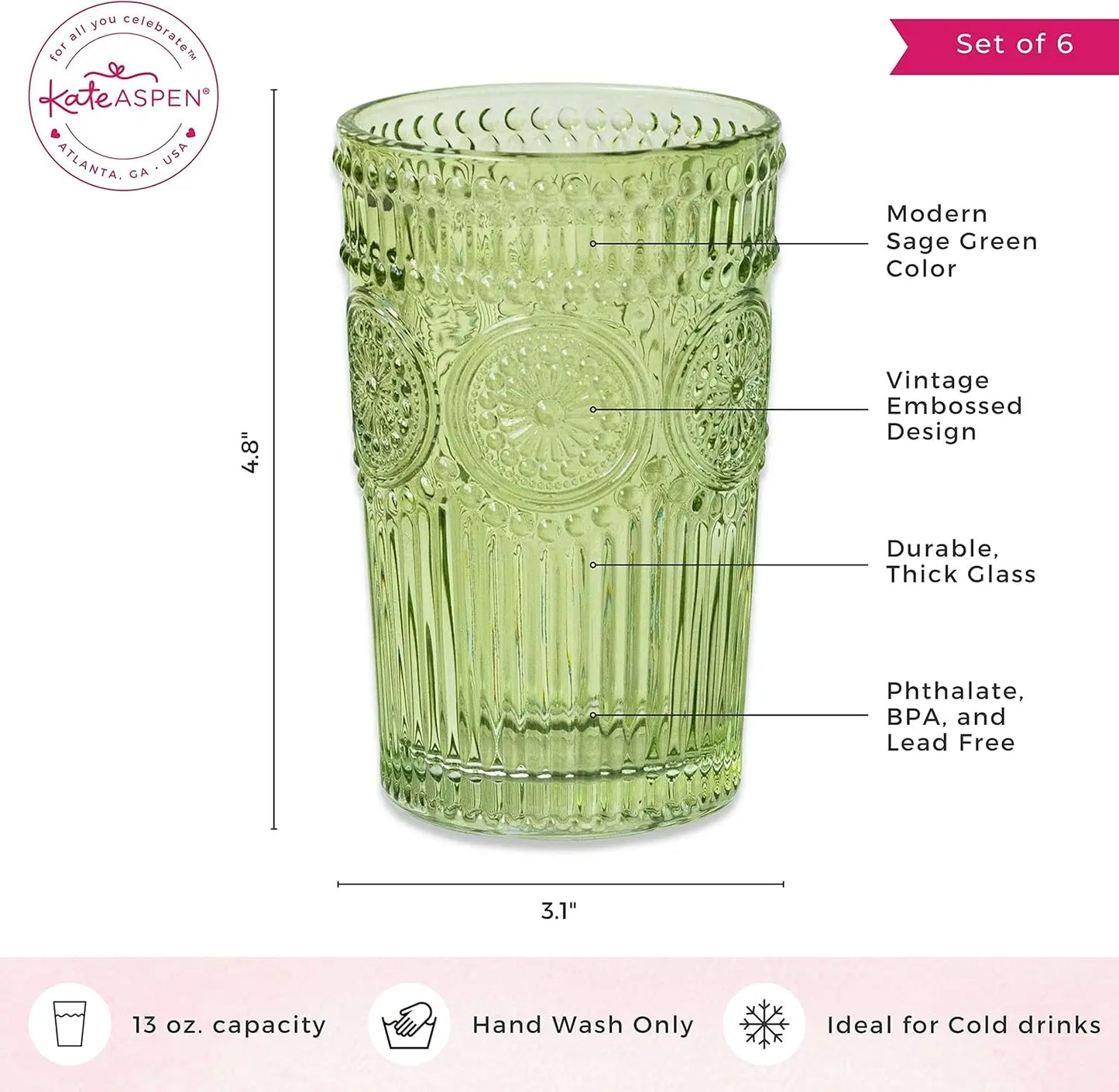 Glassware Set *6Pcs - 13 Ozs - Vintage Sage Green Ribbed Design - Kitchen Collection