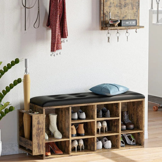 Bench Entryway - Mudroom - 10 Shoe Cubbies - PU Leather Seat - Entryway Collection