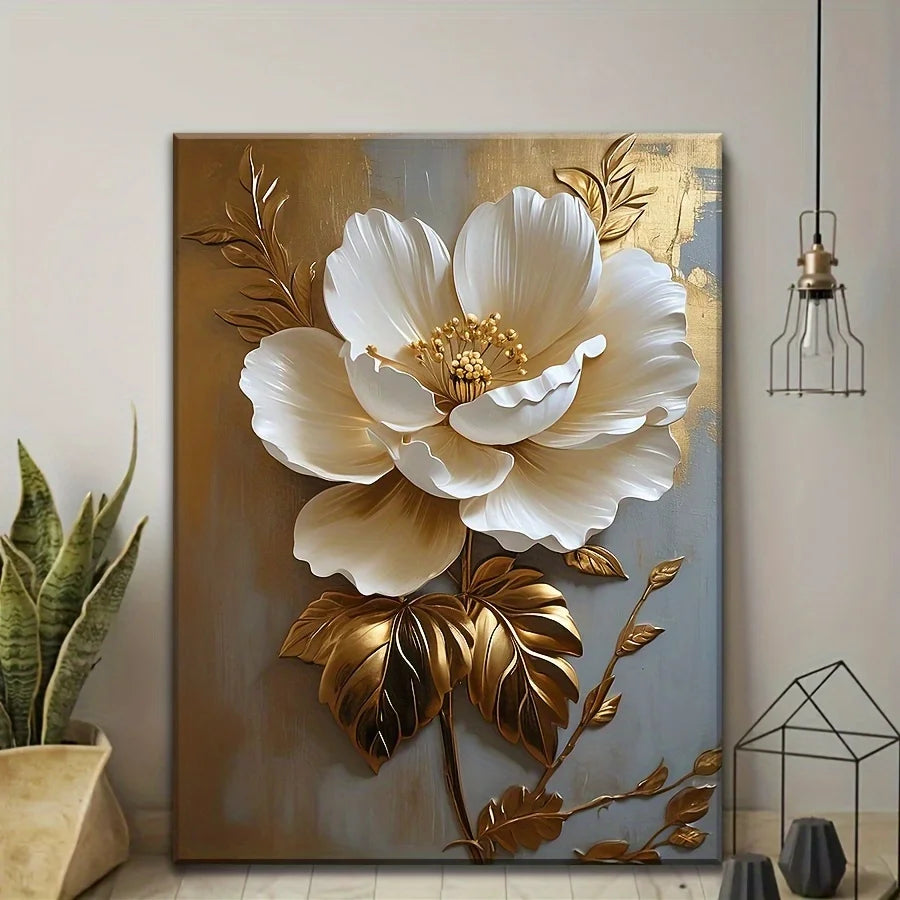 Wall Art - *1 Pc - Elegant White Flower - Vintage Gold - Livingroom Collection
