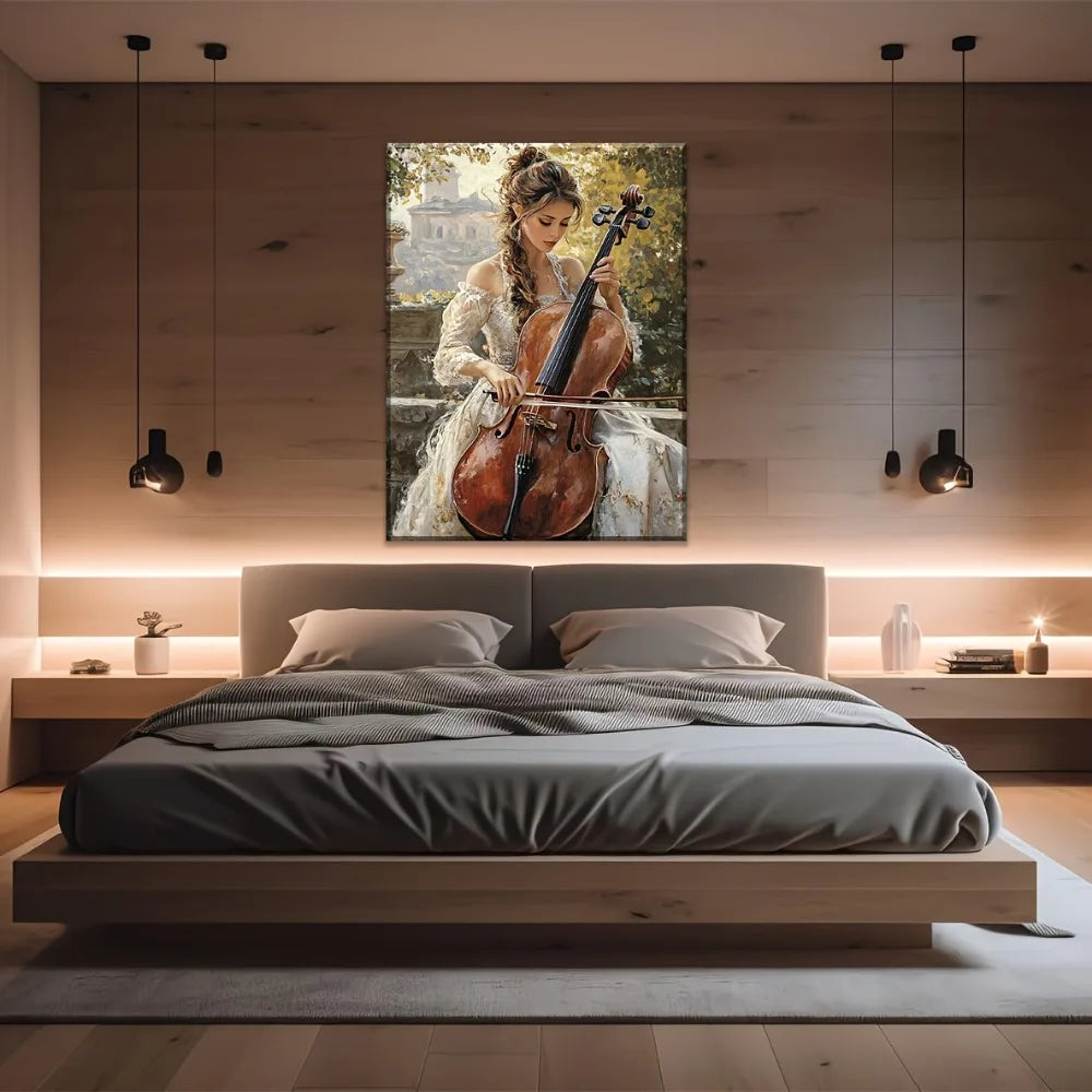 Wall Art Oil Painting - Canvas Framed - Elegant Cellist - Bedroom Collection