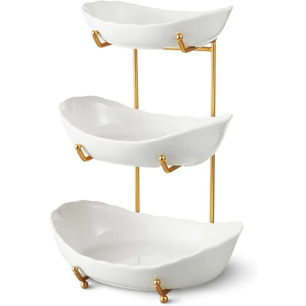 Fruit Tray Ceramic Bowls - 3 Tier Gold Stand - Kitchen Collection