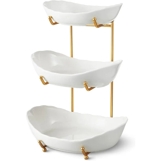 Fruit Tray Ceramic Bowls - 3 Tier Gold Stand - Kitchen Collection